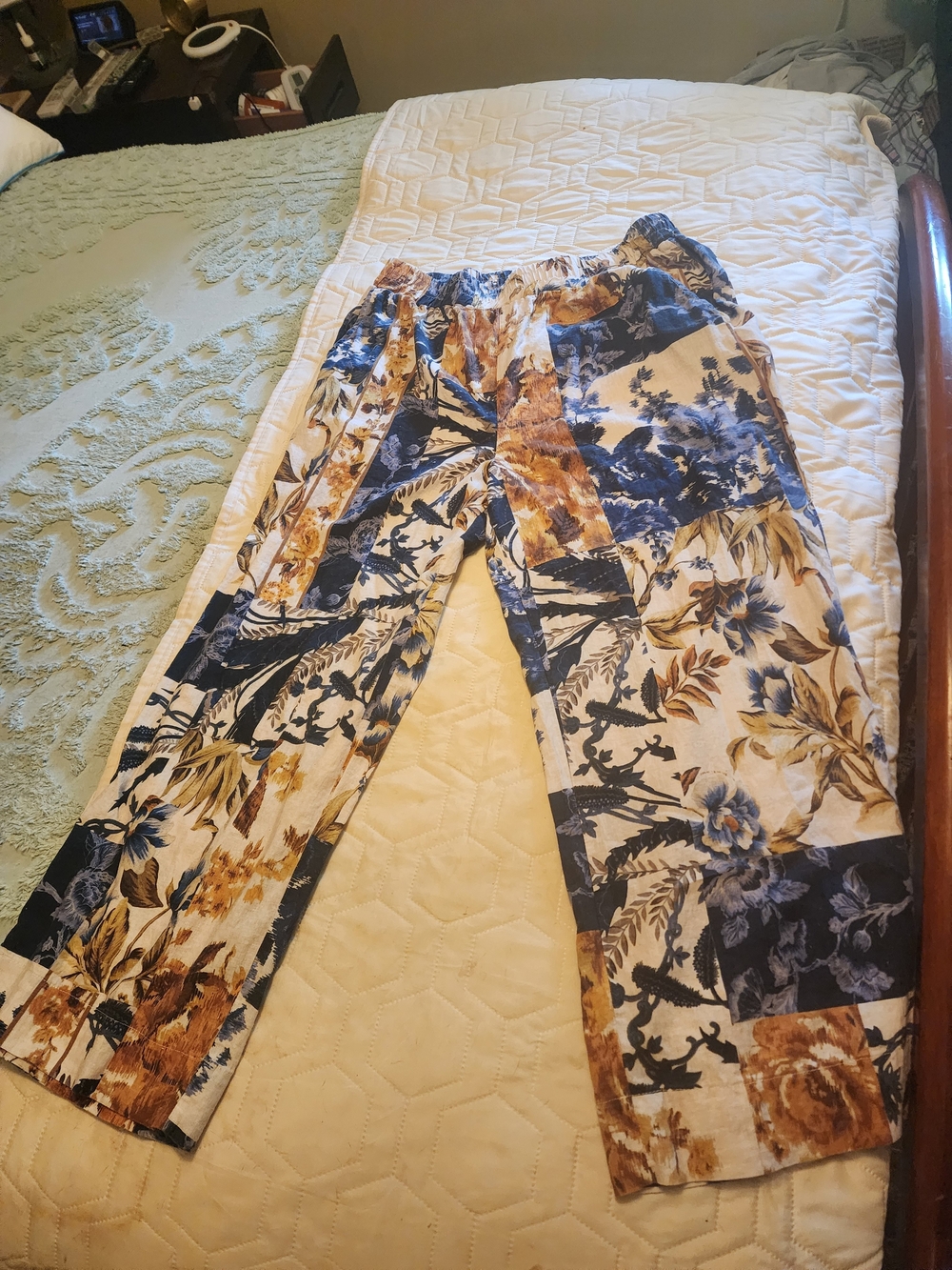 Christian Siriano Blue Brown Cream Floral Patchwork Pants